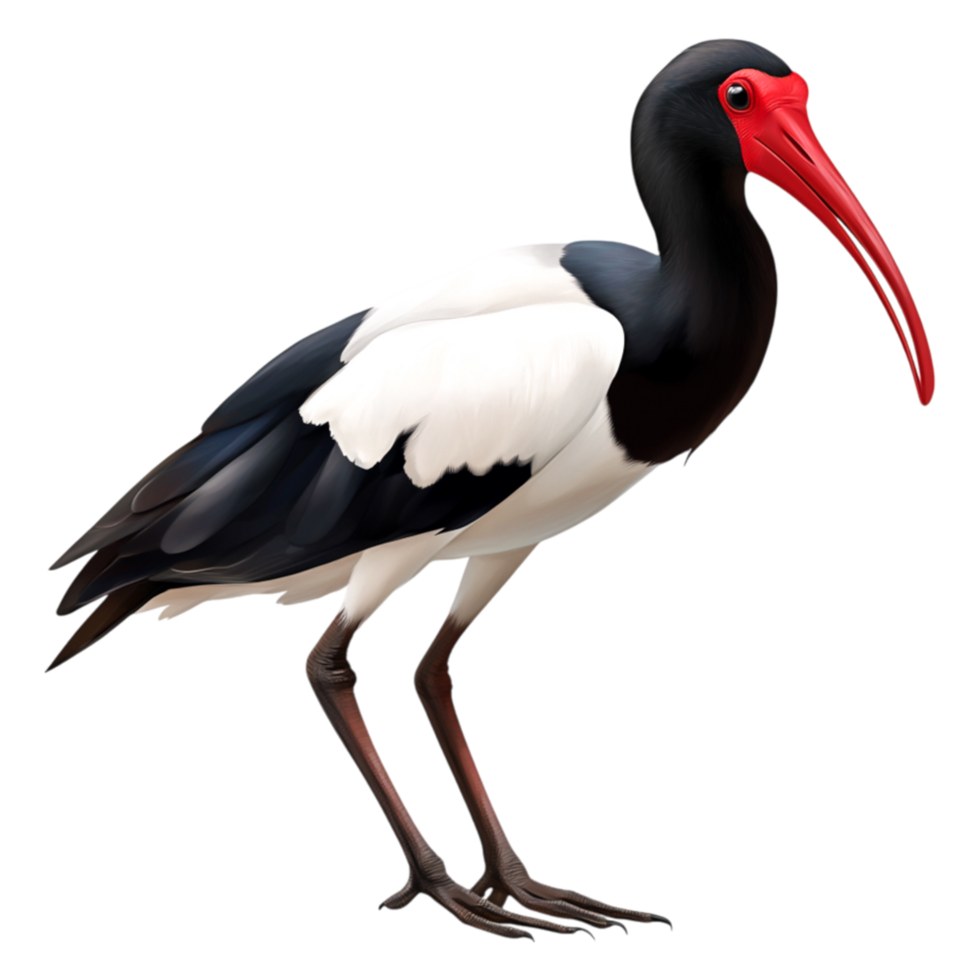Elegant Black and White Bird with Bold Red Beak Pose png