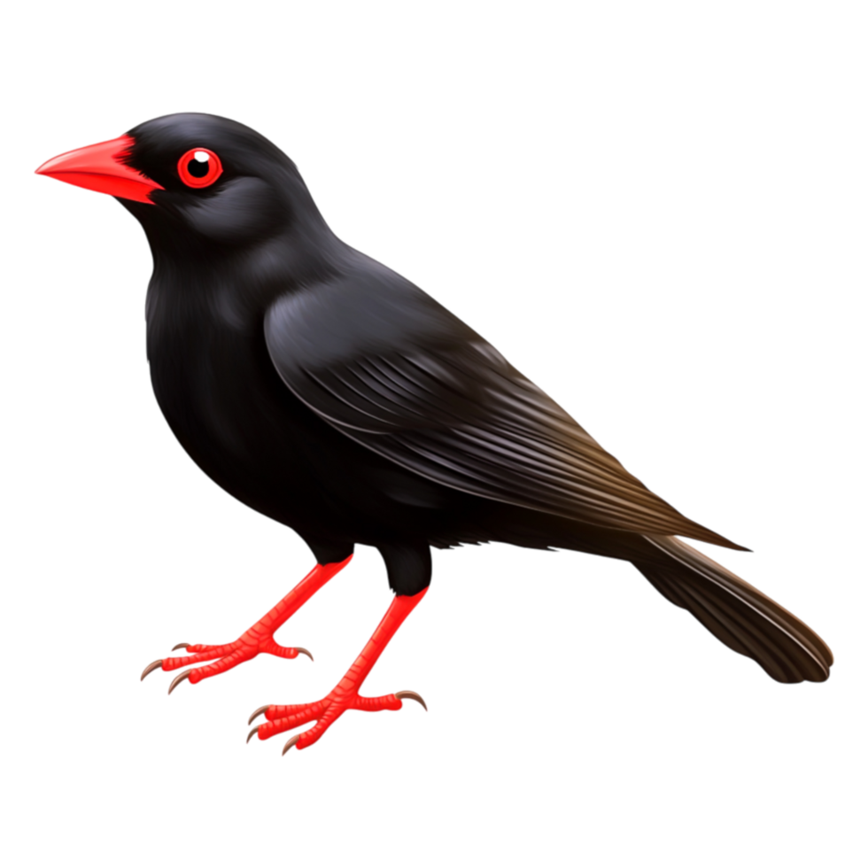 Black Bird with Red Beak and Feet on Transparent Background png