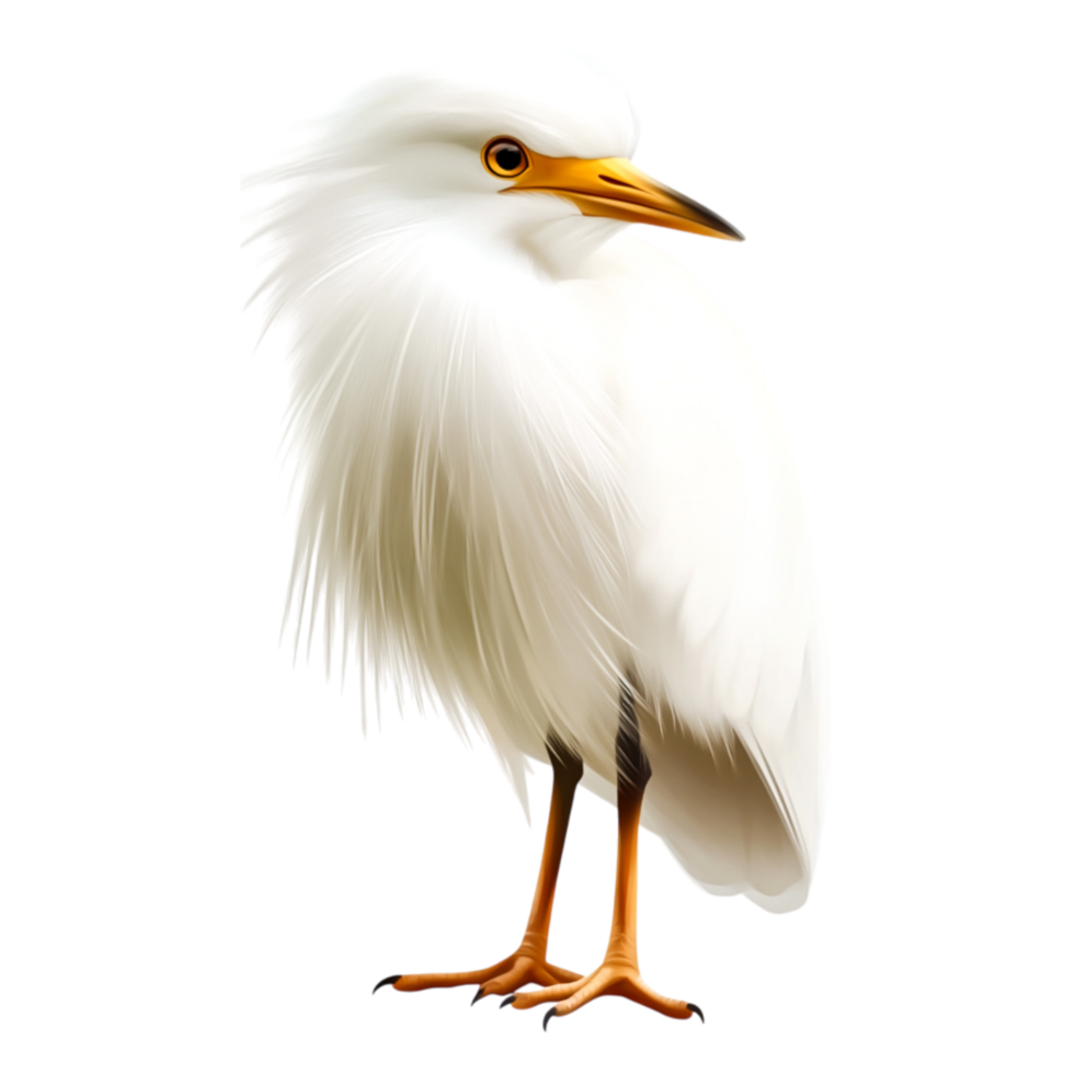 Elegant Egret Bird Standing on One Leg with Fluffy White Feathers png