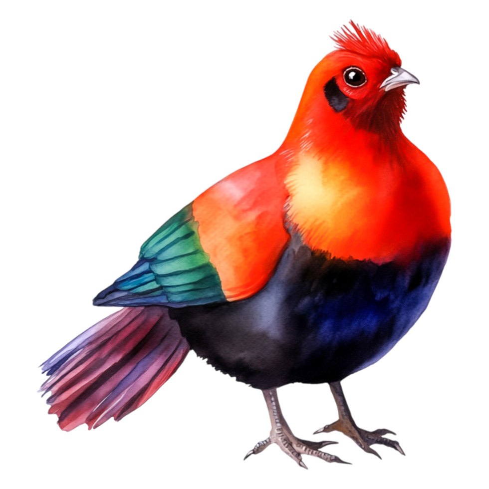 Vibrant Red and Blue Bird with Colorful Feathers in Watercolor Style png