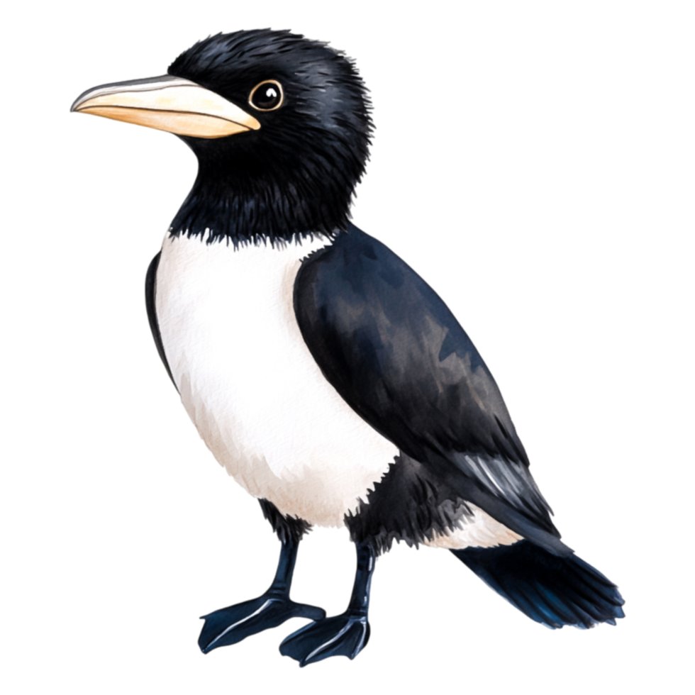 Detailed Illustration of a Black and White Bird with Yellow Bill png