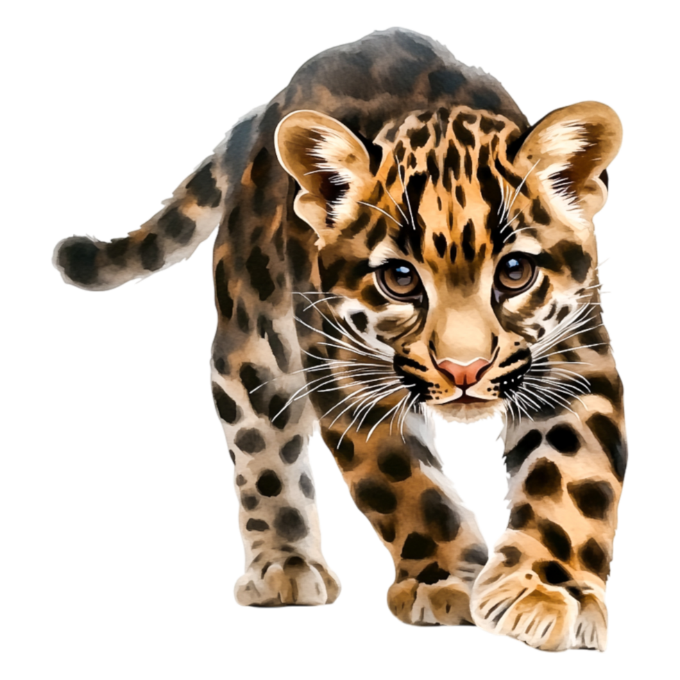 Playful Young Leopard Cub Roaming in Lush Forest Environment png