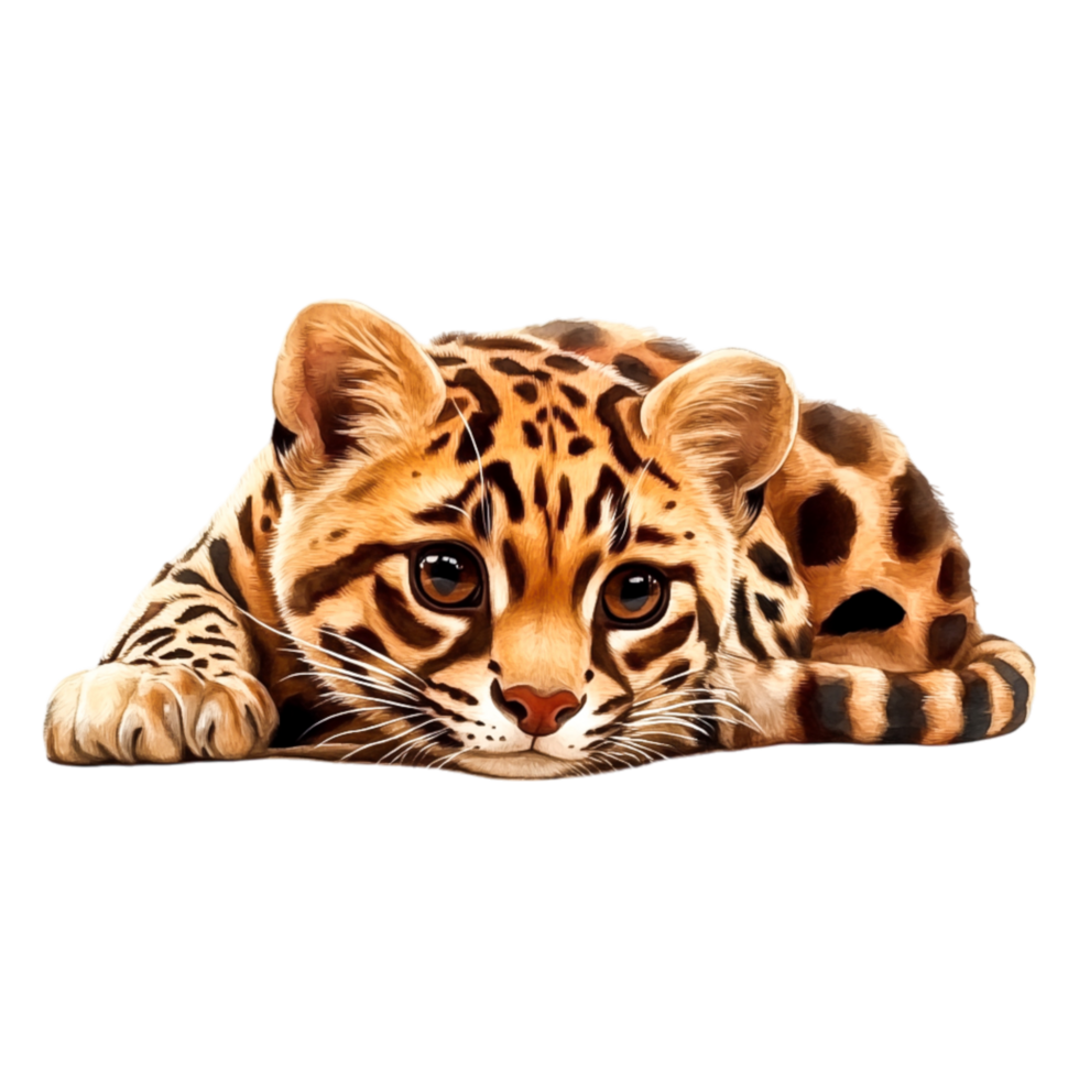 Adorable Young Leopard Cub Laying Surface with Intense Eyes png