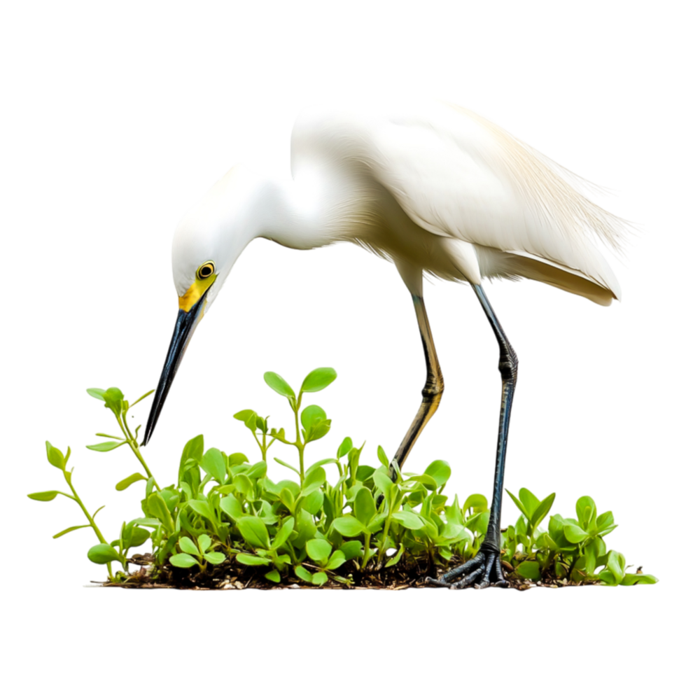 Snowy Egret foraging in lush green vegetation by water's edge png