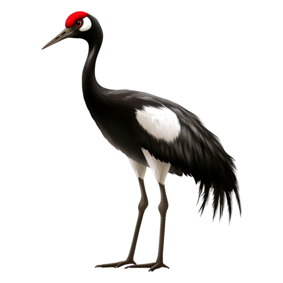 Elegant black and white crane with a red crown standing tall png