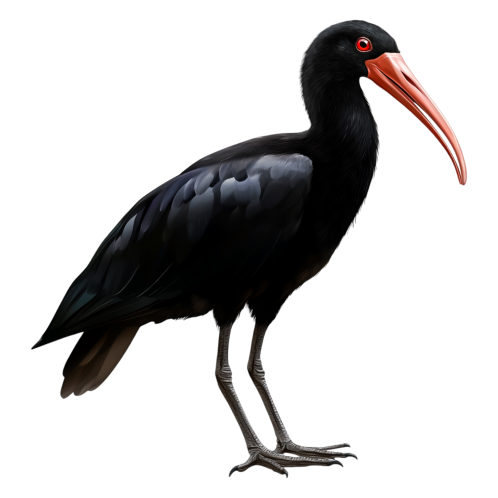 Black Bird with Orange Beak Standing on One Leg in Profile View png