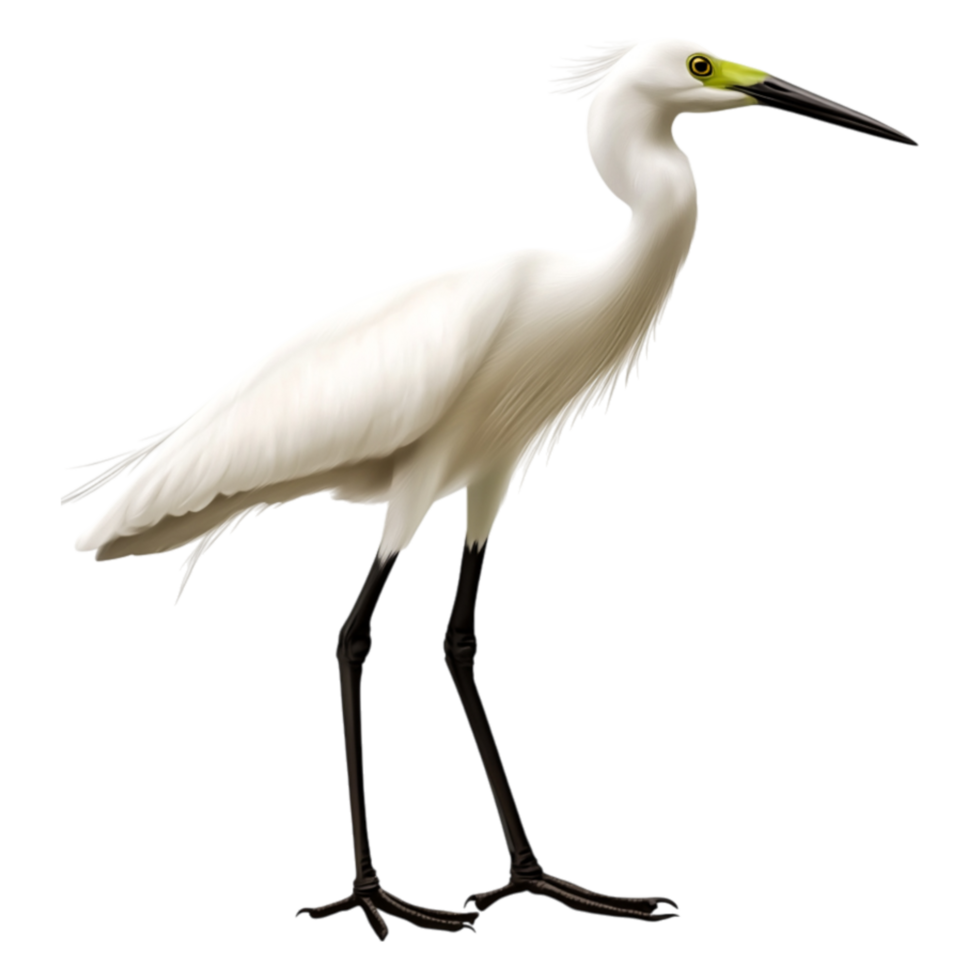 Elegant White Bird Standing Tall with Sharp Yellow Beak and Long Legs png