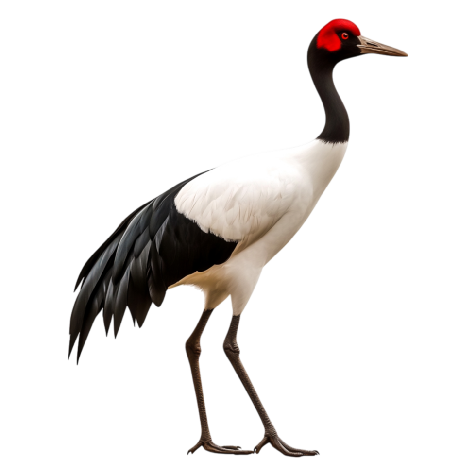 Elegant Black and White Crane with a Red Crown Standing Gracefully png