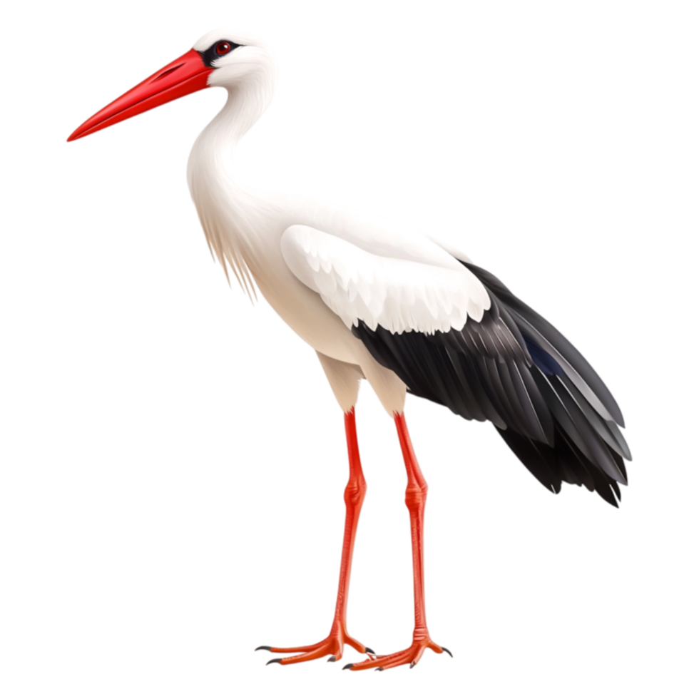 Elegant White Stork with Red Beak and Long Legs in Detailed Illustration png