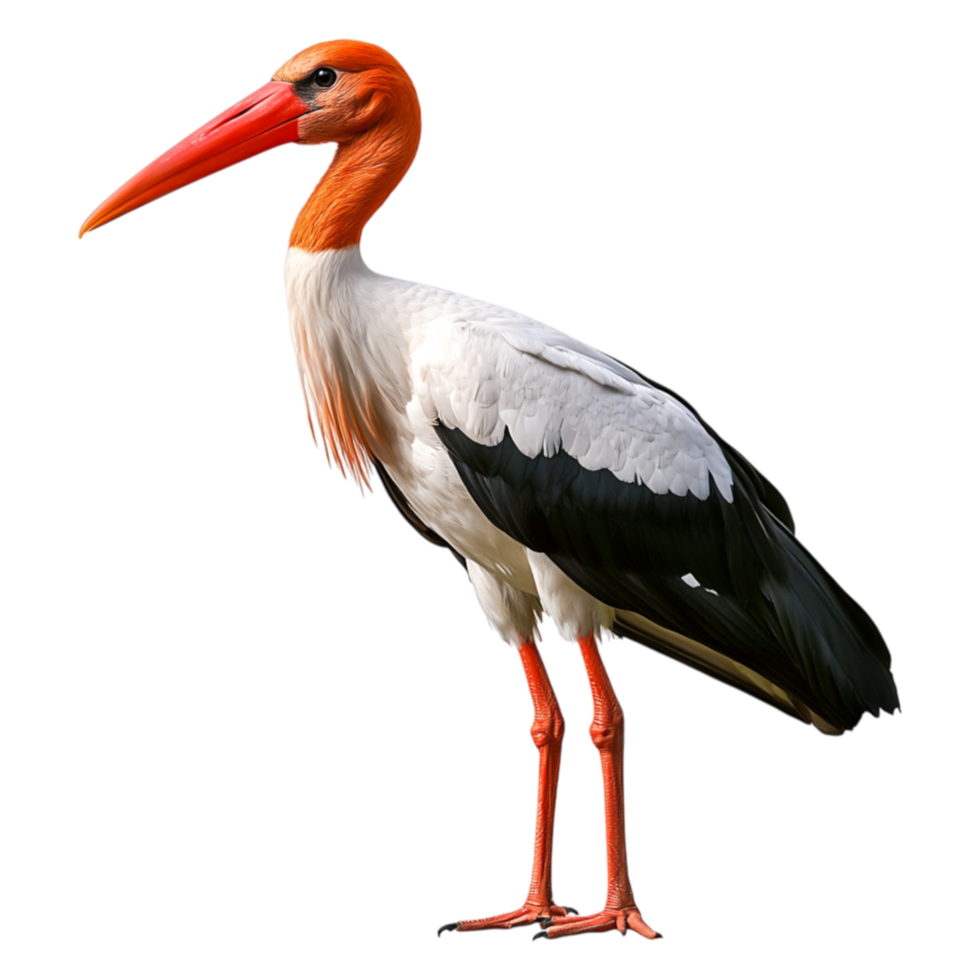Colorful stork with a long beak standing on one leg in nature png