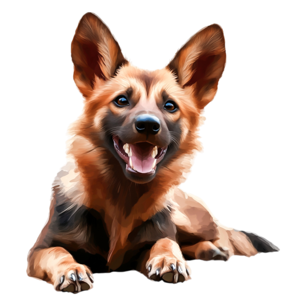 Happy Dog with Fluffy Ears Resting Outdoors Cheerfully Smiling png