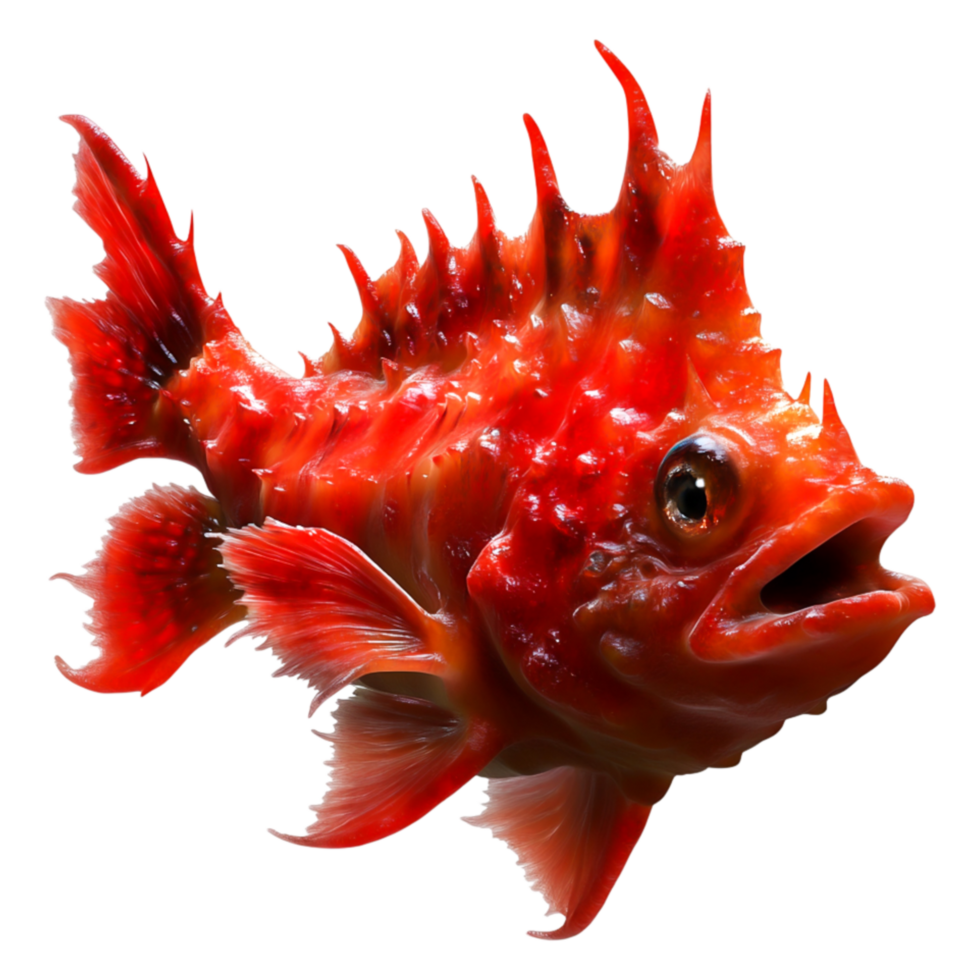 Vibrant Red Scorpaenidae with Spiny Fins Swimming in Ocean Depths png