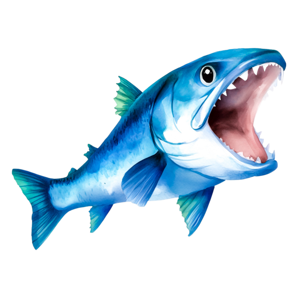 Colorful Illustration of a Fierce Blue Fish with Sharp Teeth png