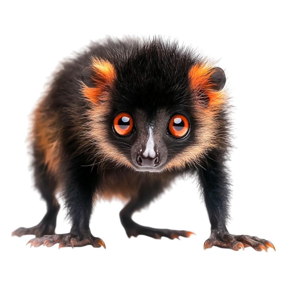 Cute small creature with bright orange eyes and fluffy black fur png