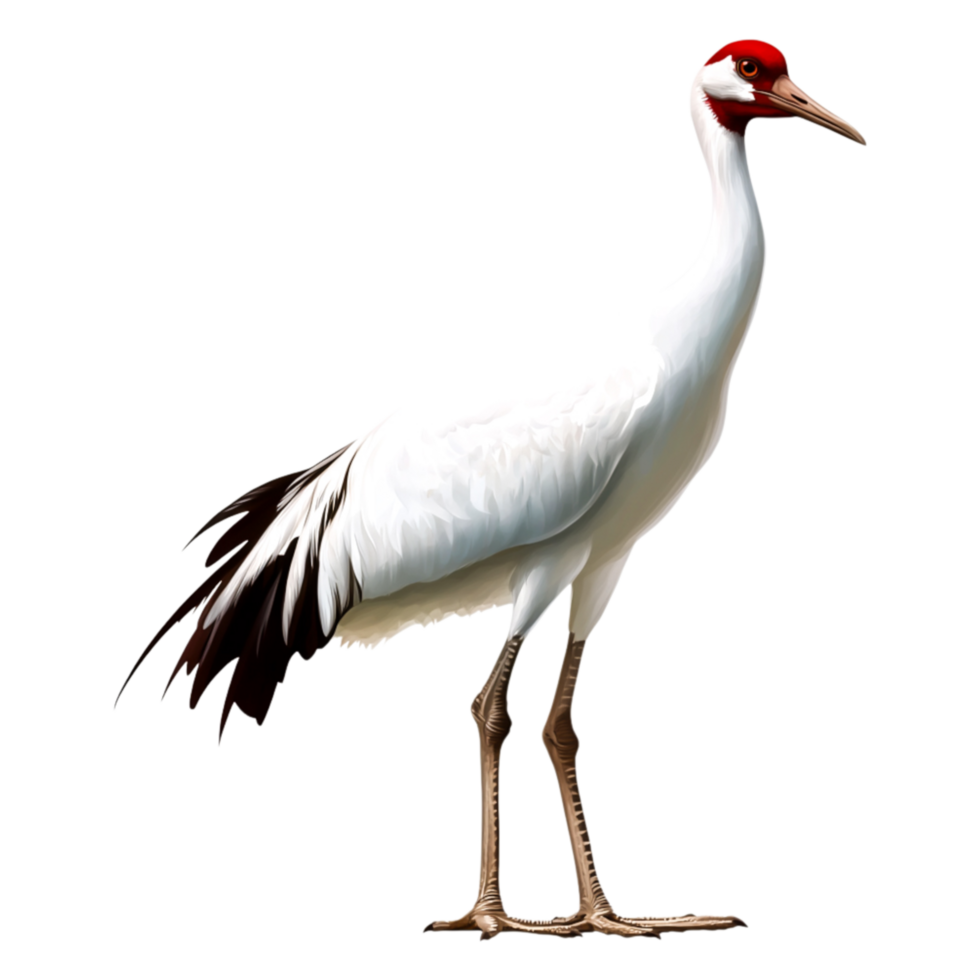 Elegant White Crane with Black Wings and Red Crown on png