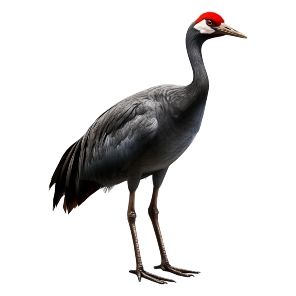 Majestic Grey Crane with Red Crown Stands Proudly by Water's Edge png