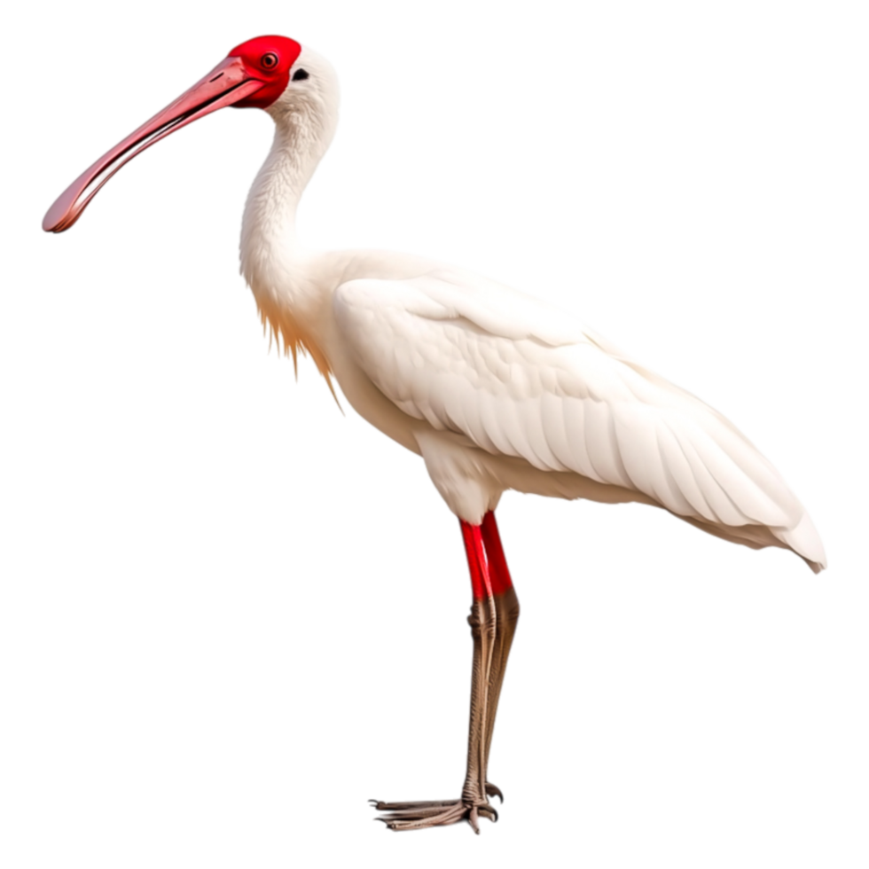 Elegant White Bird with Red Beak Standing on One Leg in Nature png