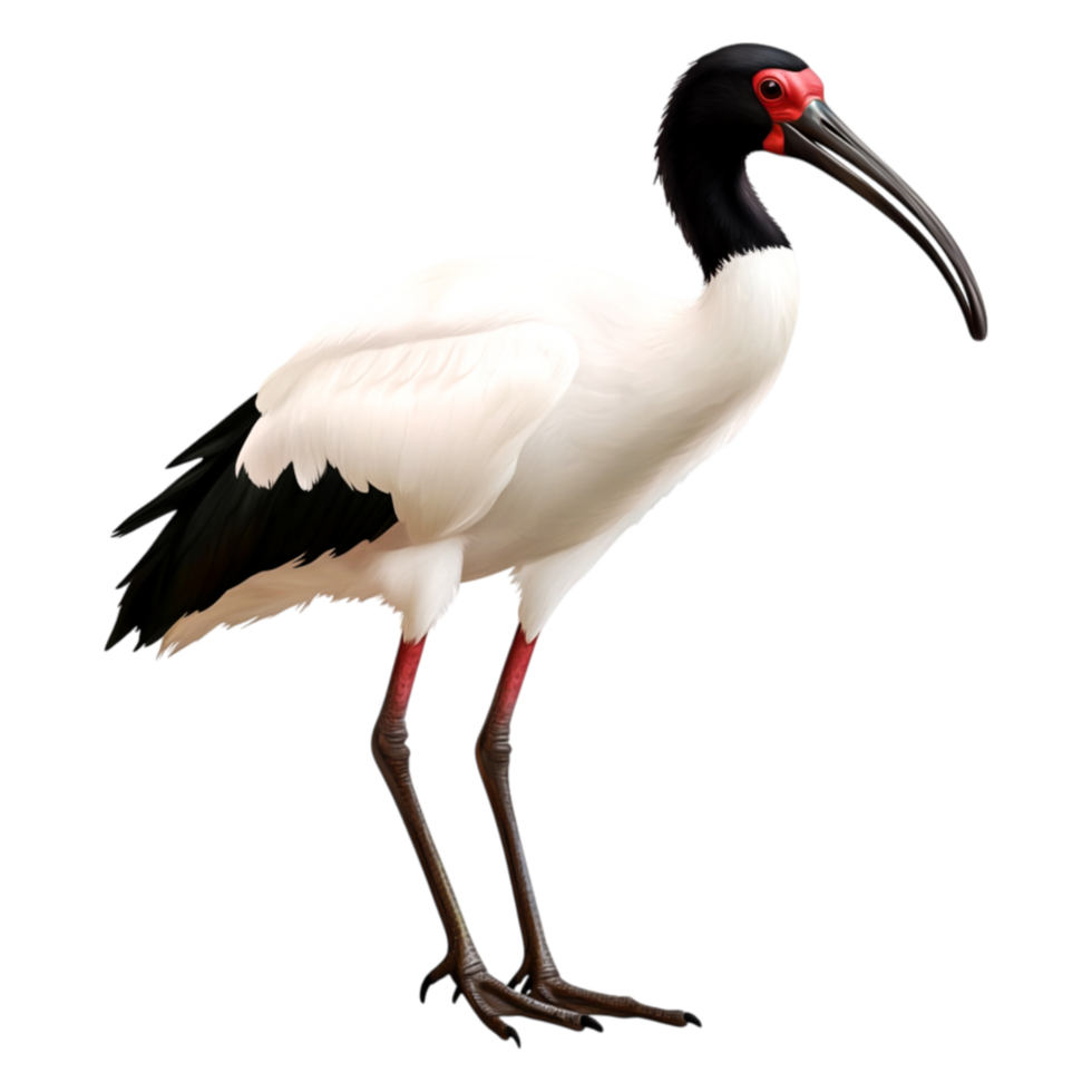 Elegant Stork with Black Wings and Red Face Standing on One Leg png