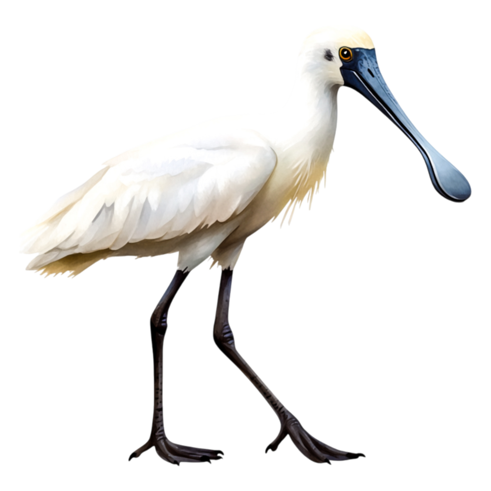 Elegant White Bird with Long Beak Walking by Water Edge png
