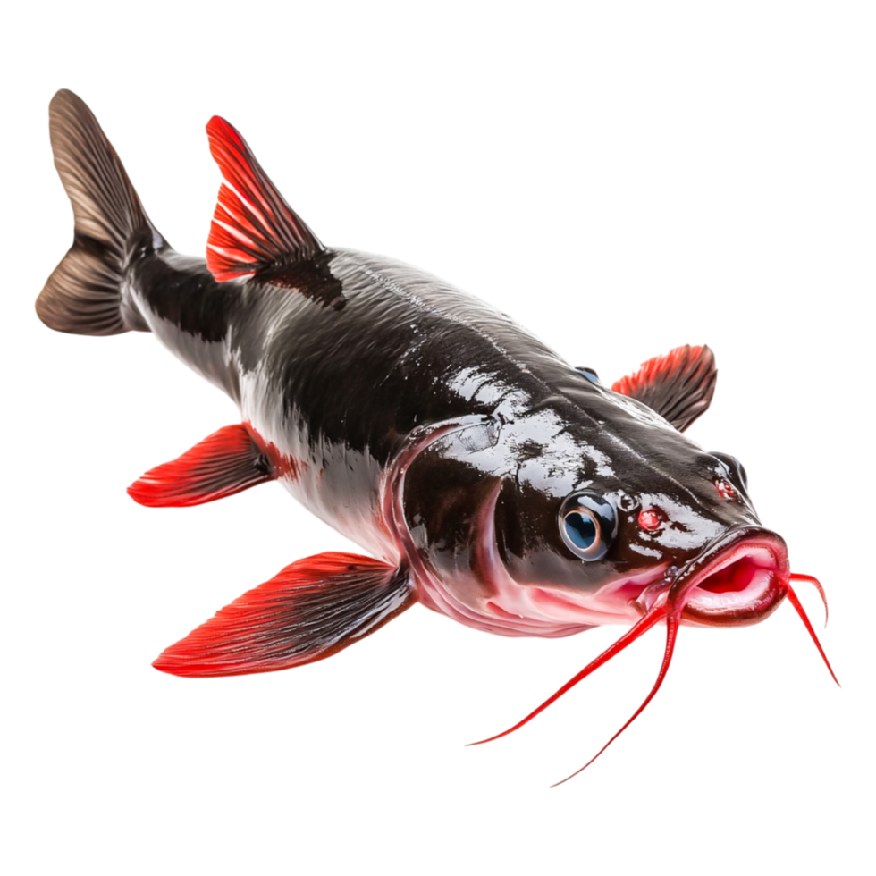 Colorful Catfish Swimming in Clear Water with Vibrant Red Fins png