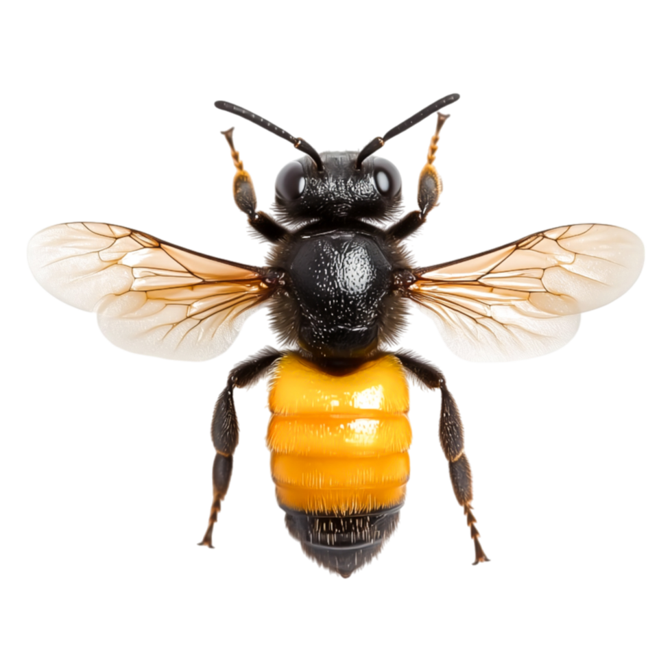 Detailed closeup of a Bee with Transparent Wings and Yellow Abdomen png