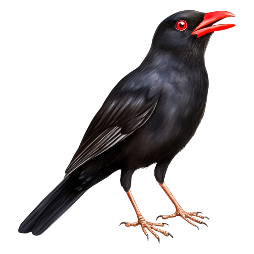 Vibrant Black Bird with Red Beak and Striking Red Eyes in Profile png