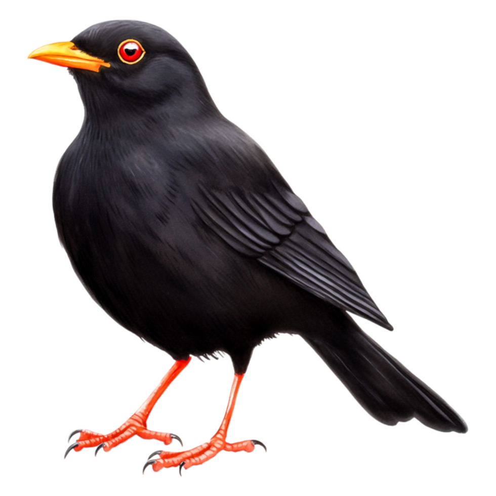 Black Bird with Bright Orange Beak and Red Eye on png