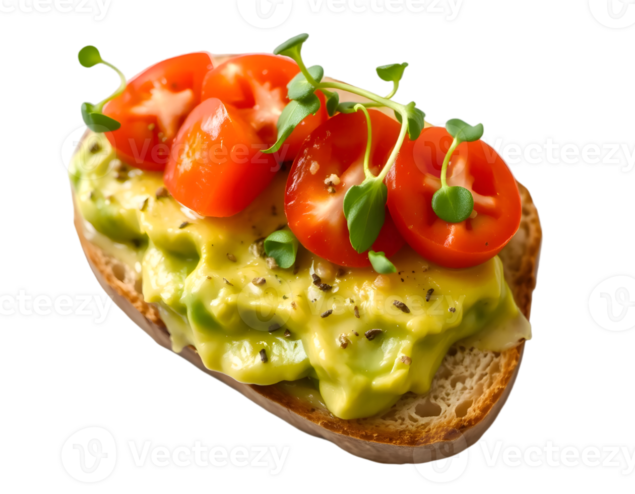 Toast with avocado, tomatoes and microgreens isolated on transparent background png