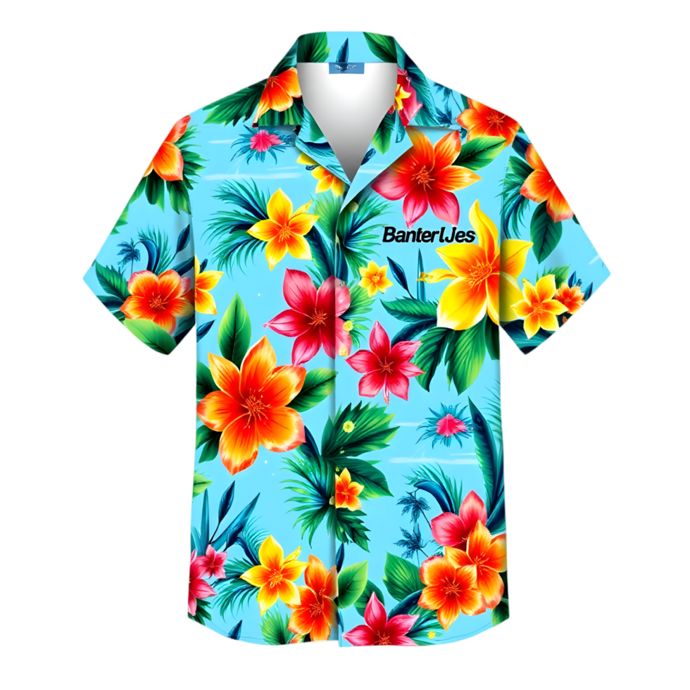 T-shirt with tropical flowers and palm leaves on a transparent background png
