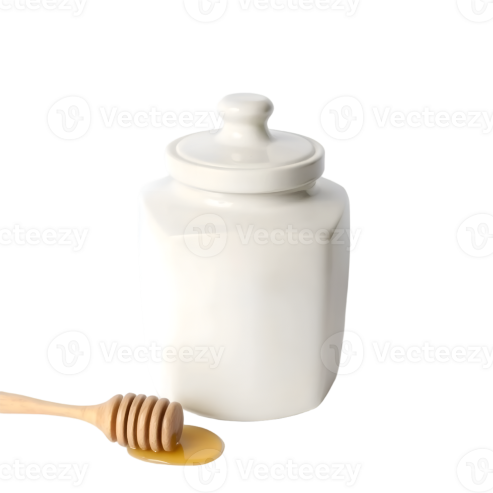 Jar of honey and wooden drizzler isolated on transparent background png