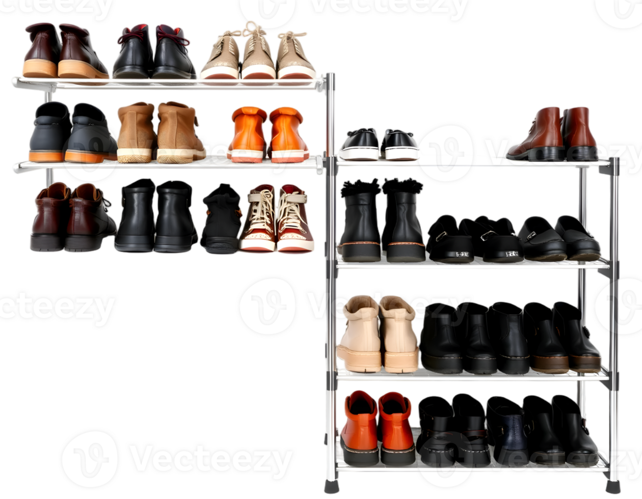 Set of different shoes on shelf isolated on transparent background png