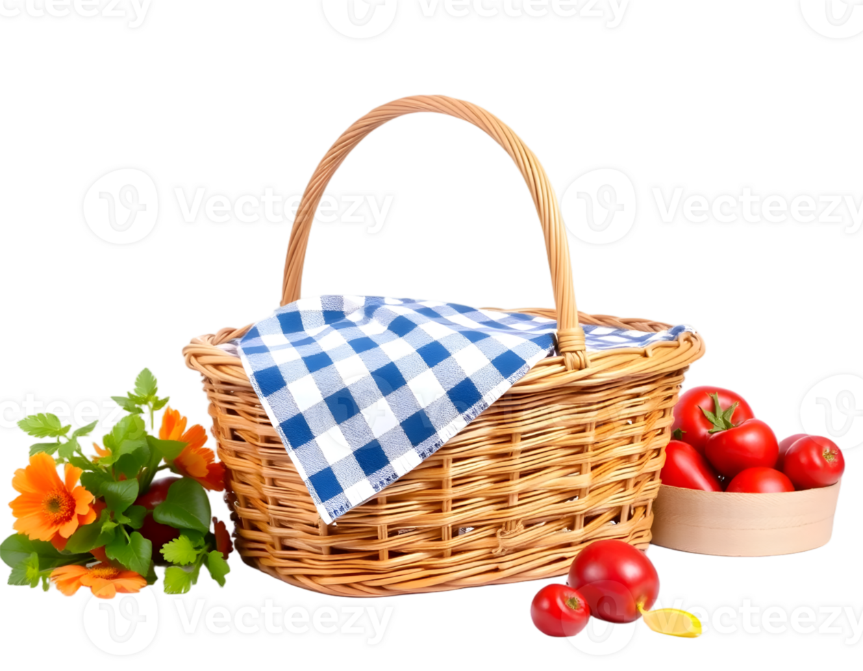 Wicker basket with checkered tablecloth and tomatoes on transparent background png