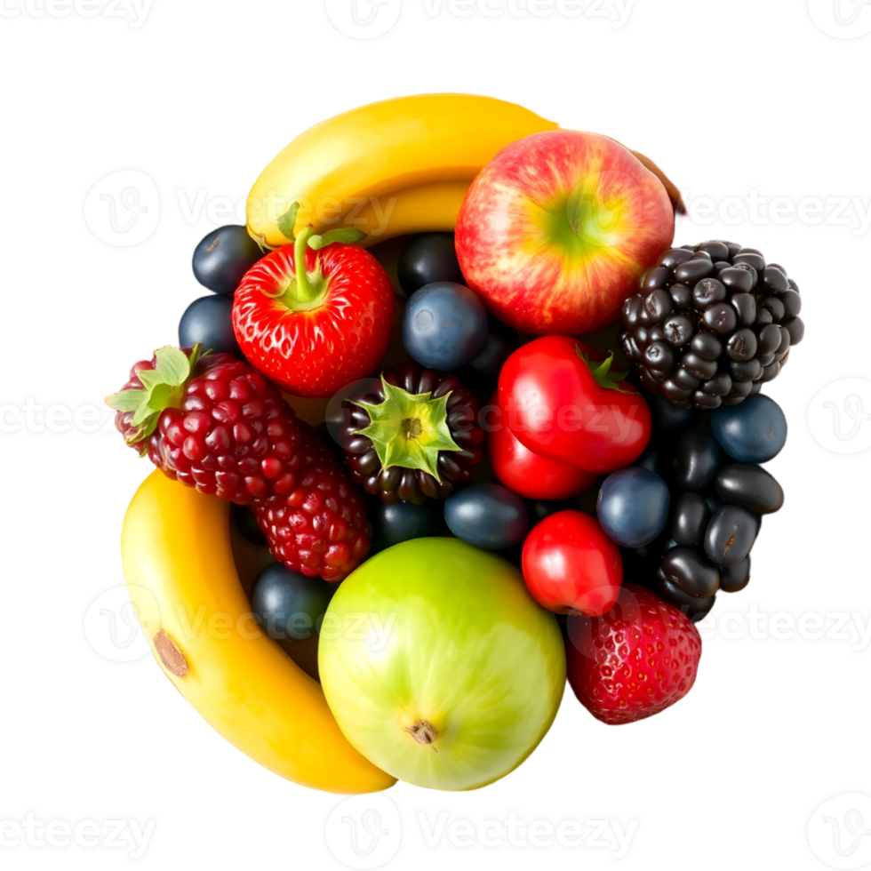 Mix of fresh fruits and berries in bowl isolated on transparent background png