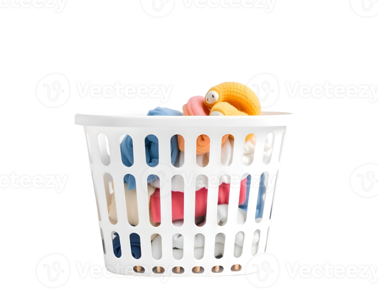 Plastic basket full of colorful clothes, isolated on transparent background png