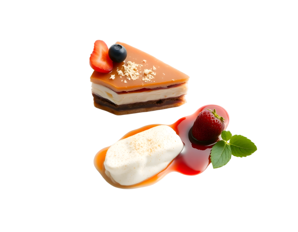 Piece of cake with strawberry and mint isolated on transparent background png