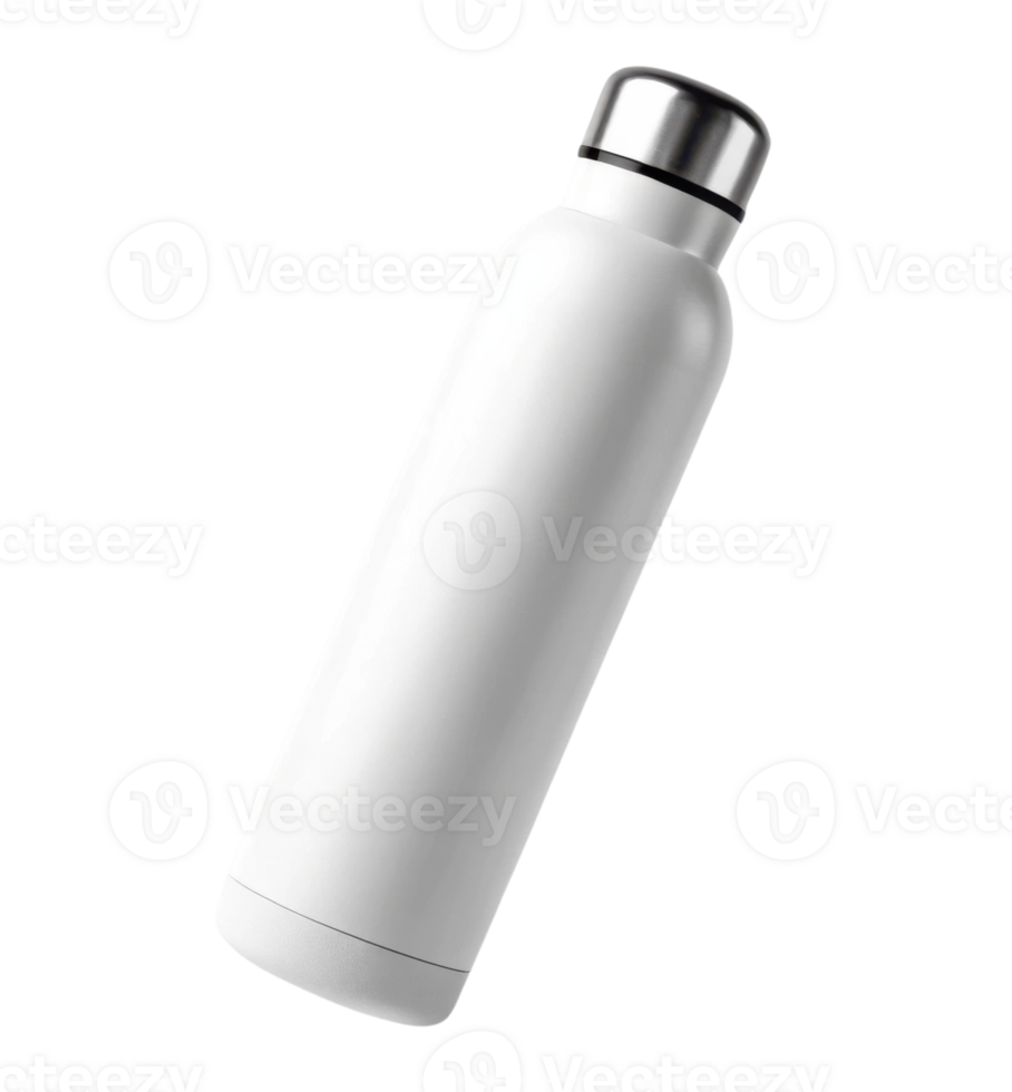 White stainless steel water bottle with sleek design and silver cap. Perfect for hydration on go png