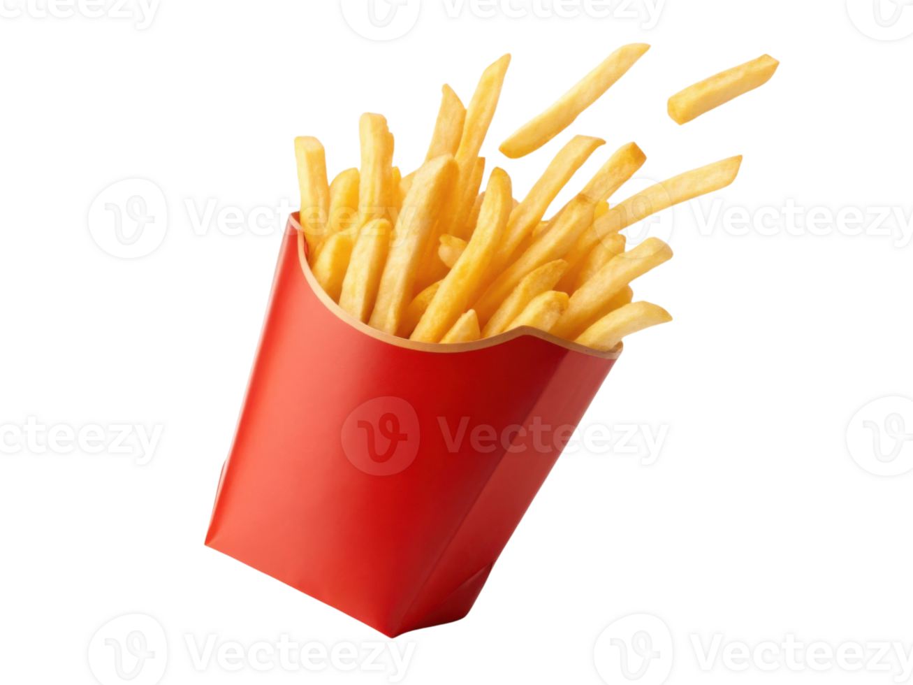 Crispy golden French fries in red container, perfect for snacking png
