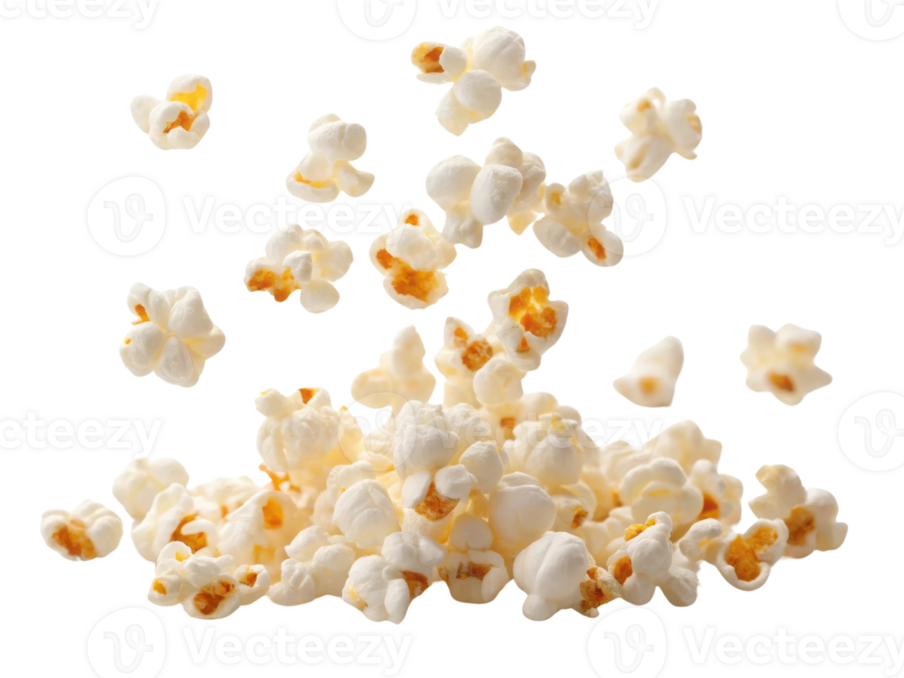 Freshly popped popcorn flying in air, creating fun and playful scene png