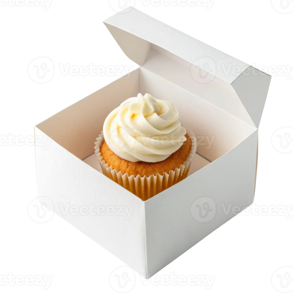 Delicious cupcake in white box with creamy frosting on top, perfect for celebrations png
