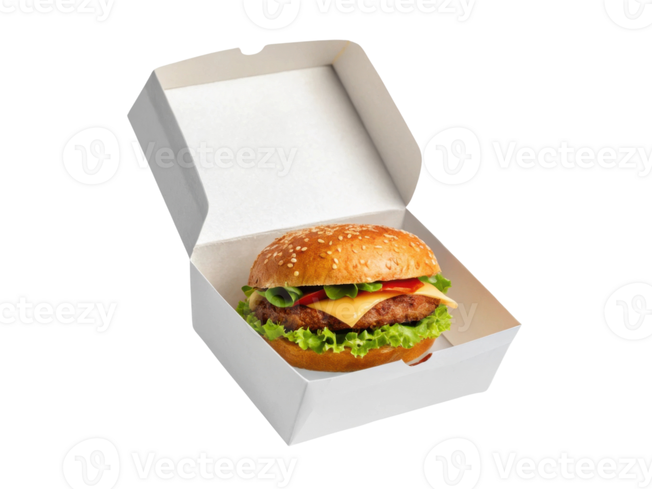 Delicious burger in takeout box with fresh ingredients and sesame bun png