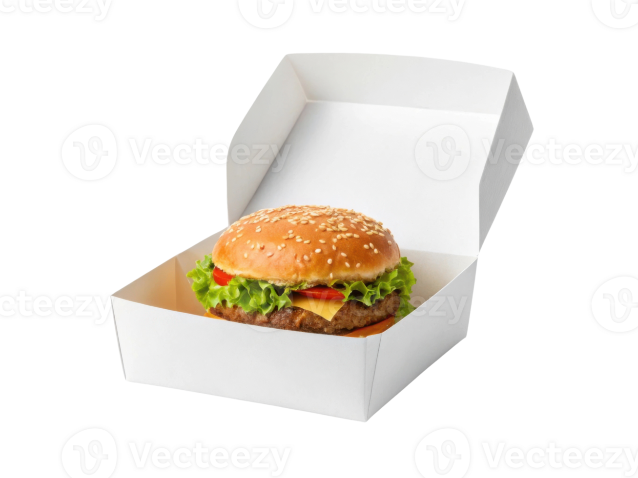 Delicious burger in takeout box with fresh lettuce and cheese png