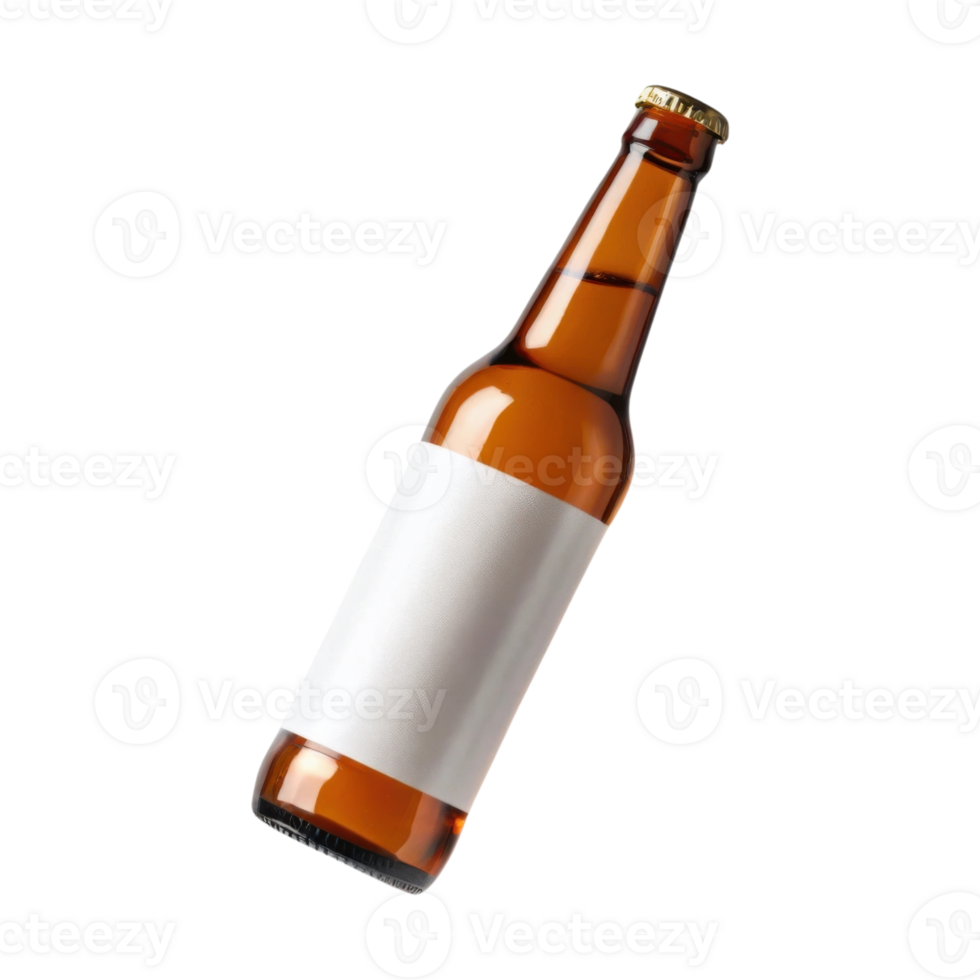 Empty brown glass beer bottle with blank label for customization png