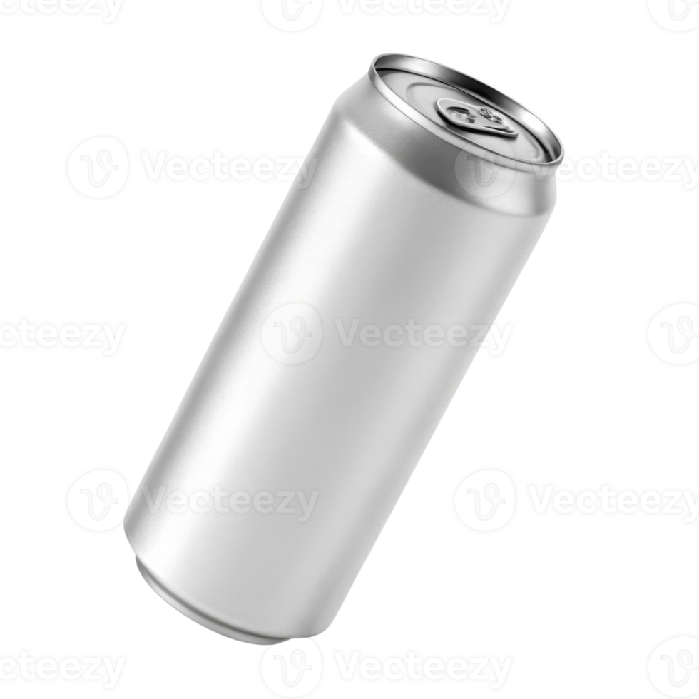 blank aluminum can, tilted, showcasing its sleek design and metallic finish png
