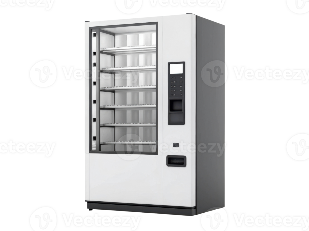 Modern vending machine with glass front and multiple shelves for snacks and drinks png