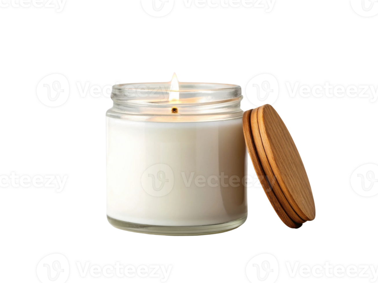 scented candle in glass jar with wooden lid, creating warm ambiance png