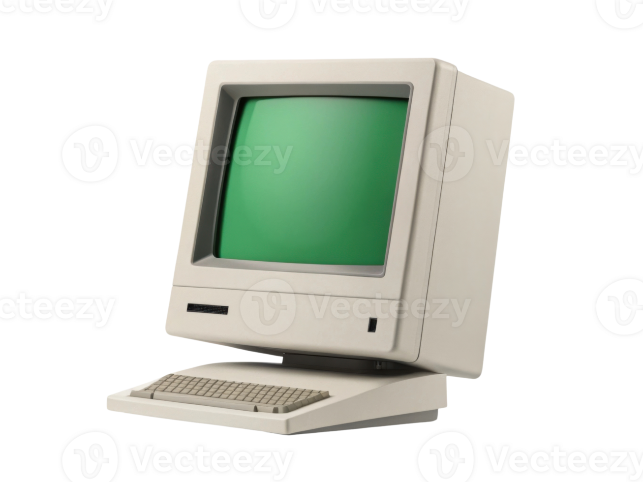 Vintage computer with green screen and keyboard, showcasing retro technology png