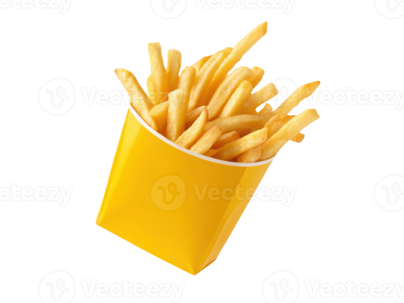 Crispy golden fries in yellow container, perfect for snacking or sharing png