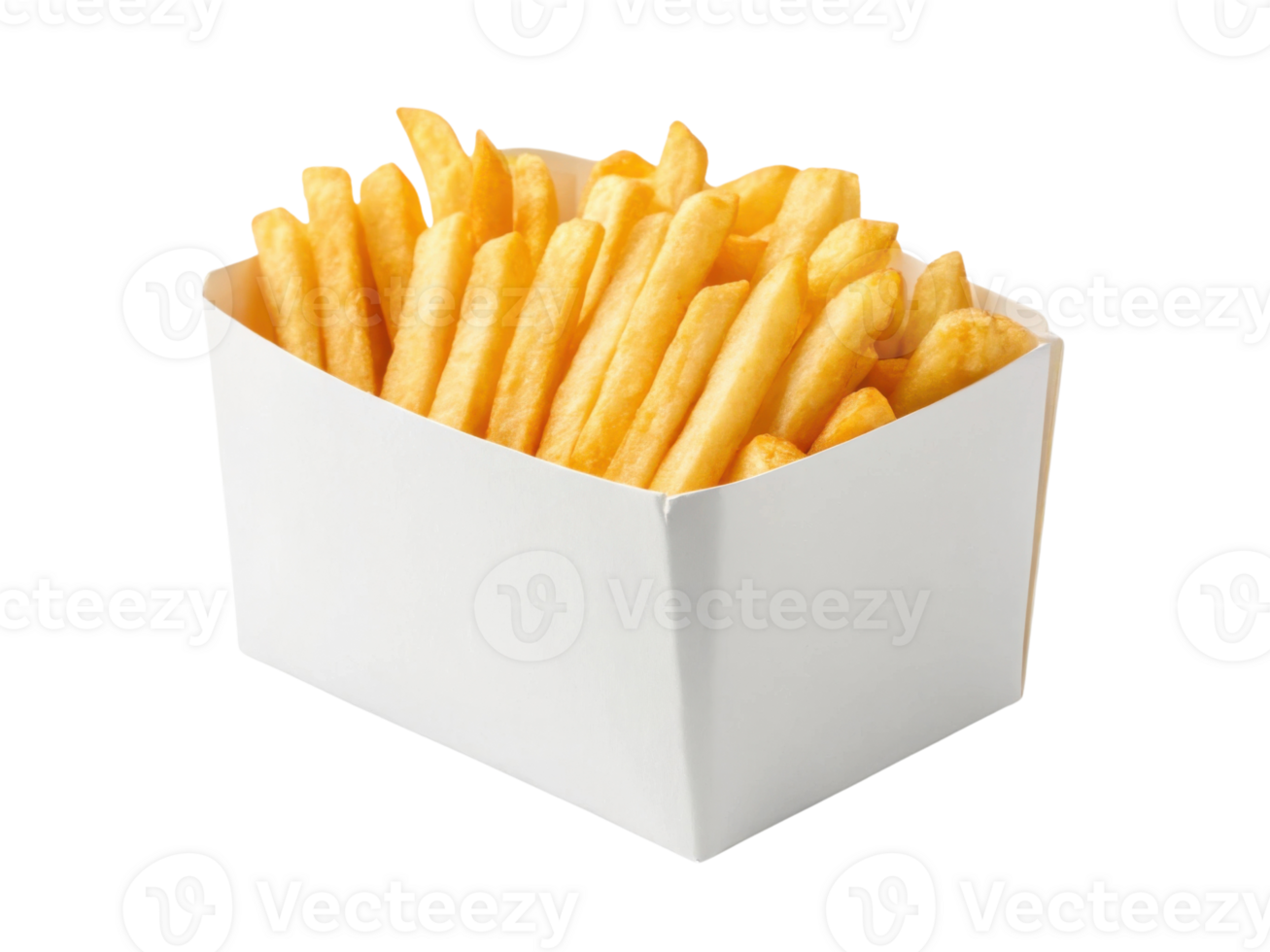 Crispy golden French fries in white paper container, perfect for snacking png