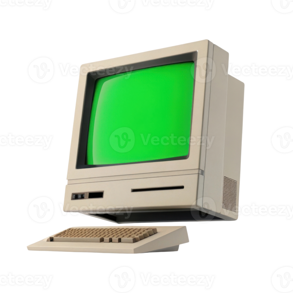 Retro computer with green screen and keyboard, showcasing vintage technology png