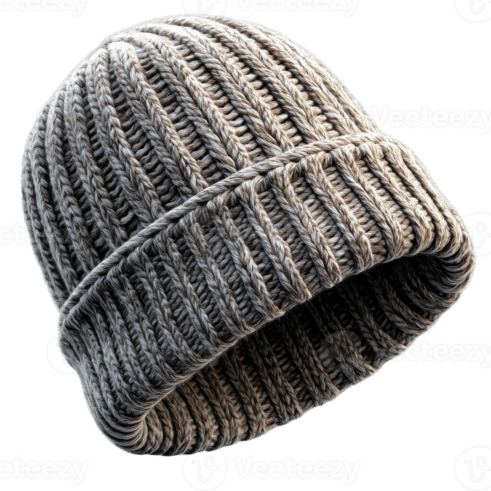 Knitted beanie hat in gray color, perfect for winter fashion and warmth png